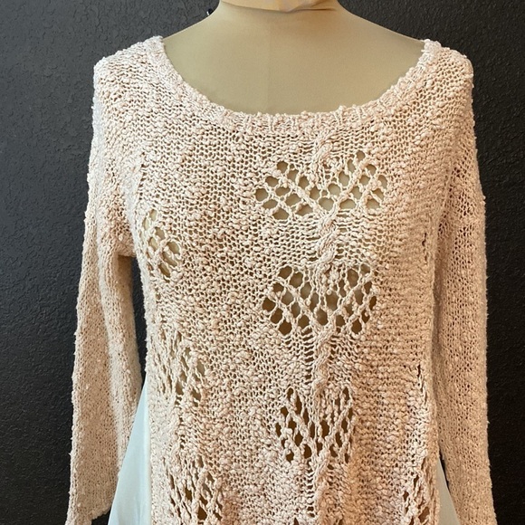 Anthropologie pink and cream open knit chiffon flare long sleeve sweater top - Picture 3 of 7